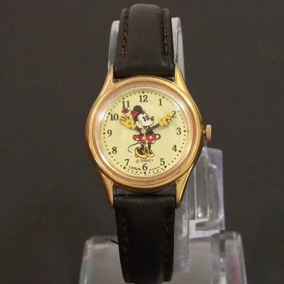 Lorus Ladies Mini Mouse Watch Gold Tone Case New Brown Leather Strap And Battery